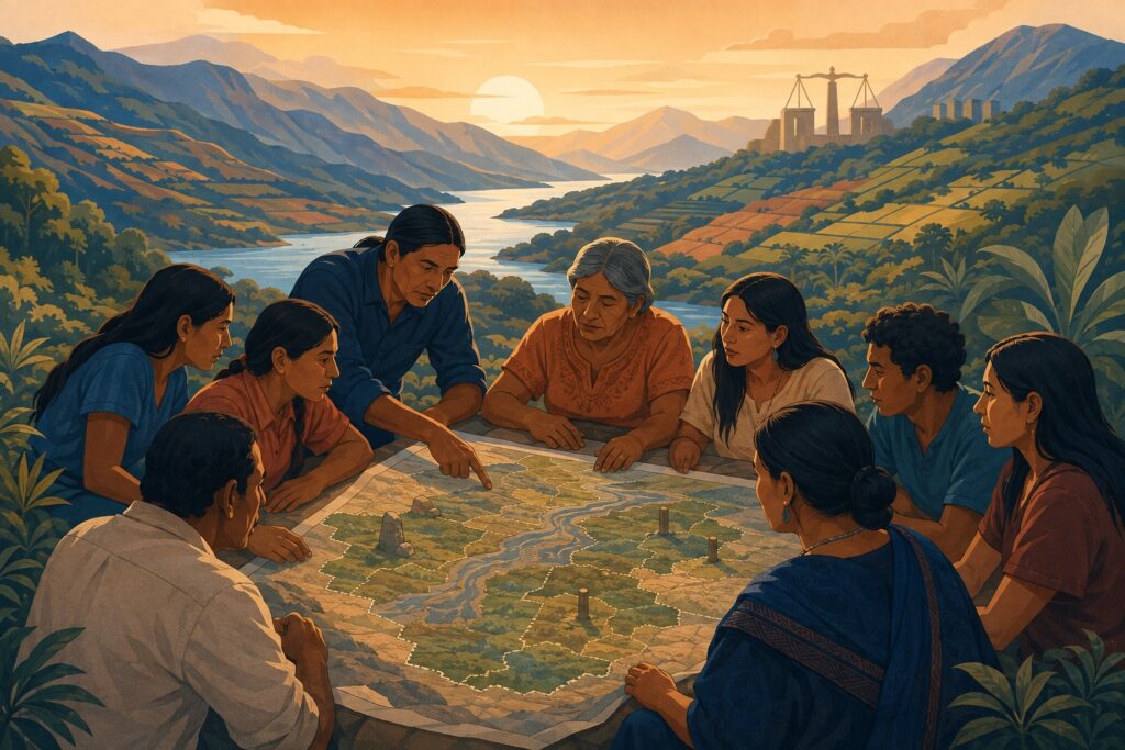 Comunidad indígena reunida en torno a un mapa de su territorio ancestral